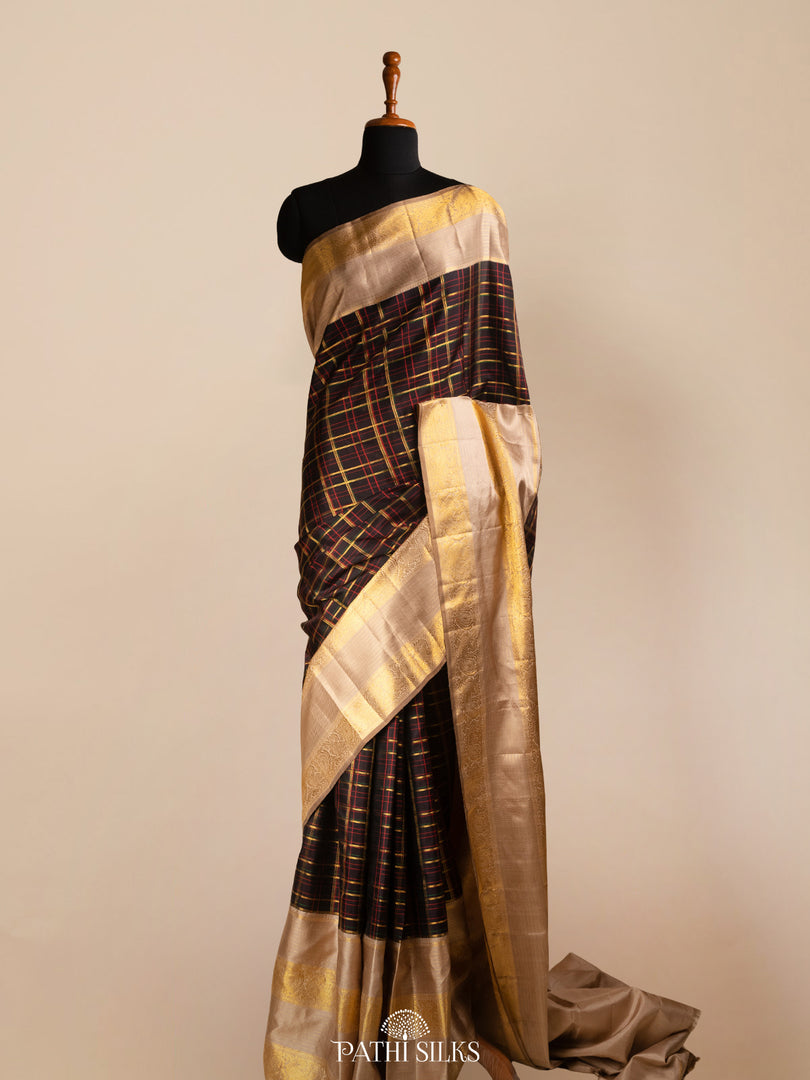 Multicolour checks black Kanjivaram Silk Saree