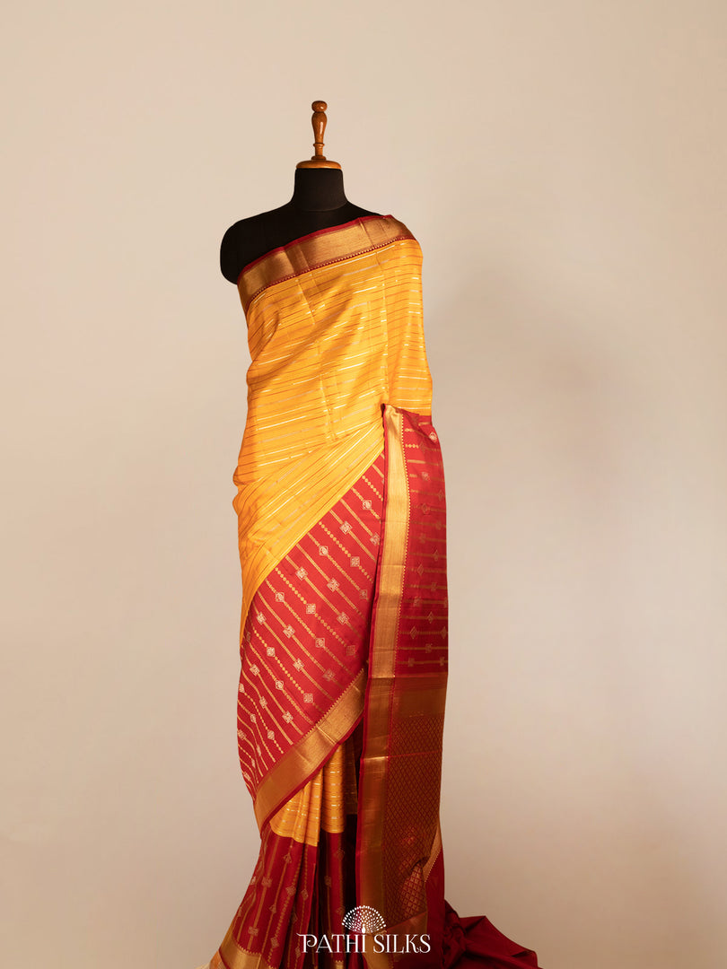 Mustard and red Kanjivaram Silk Saree