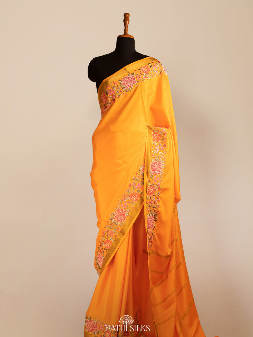 Yellow Mysore Crepe Silk Saree with Parsi Embroidery