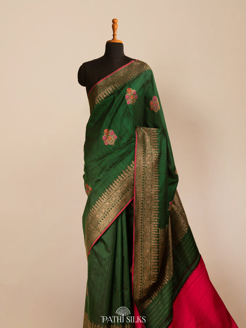Bottle green moonga tussar banaras silk saree