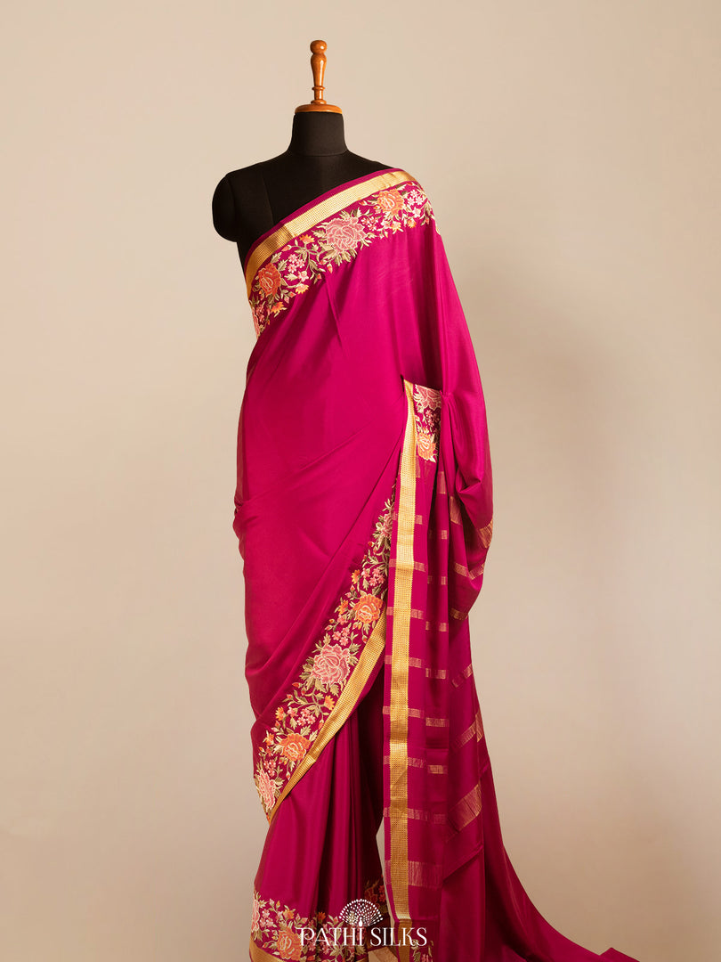 Purple Mysore Crepe Silk Saree with Parsi Embroidery
