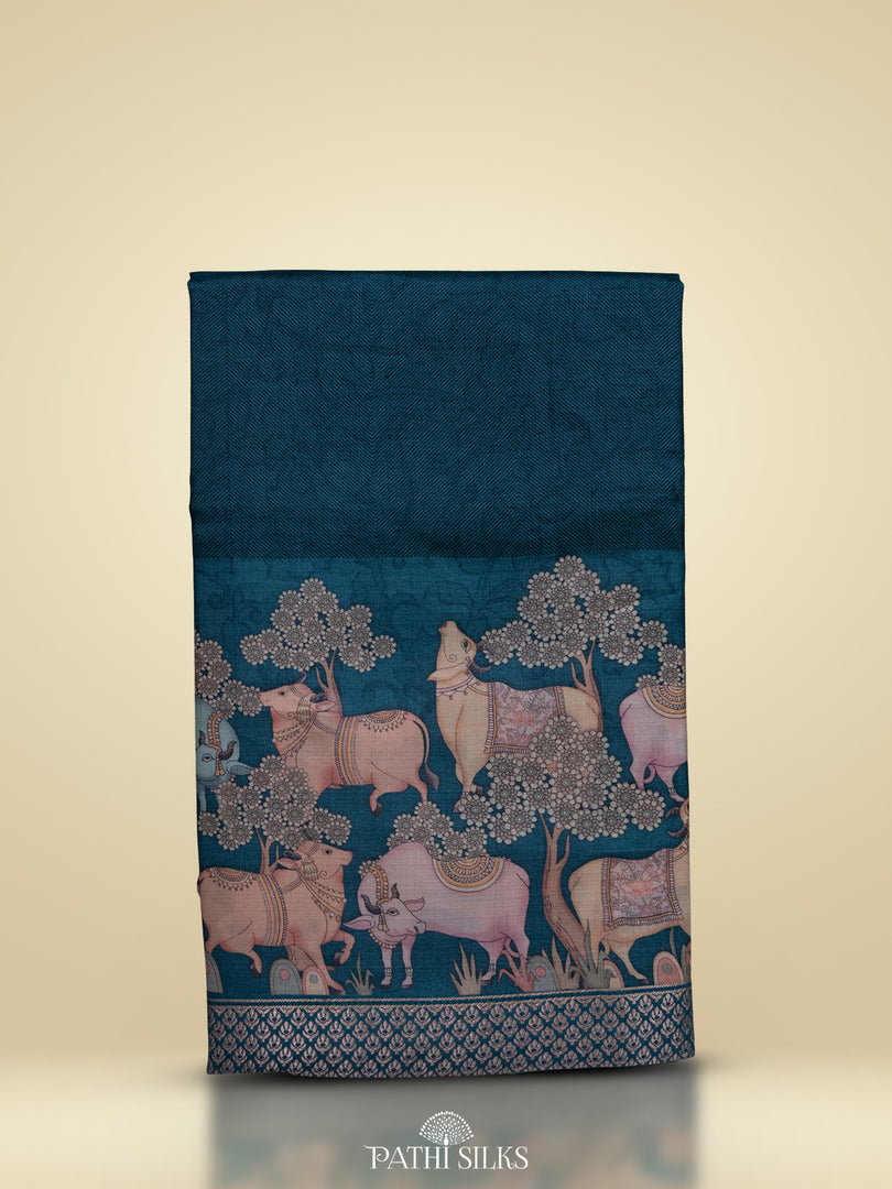 Dark teal blue Handwoven printed tussar