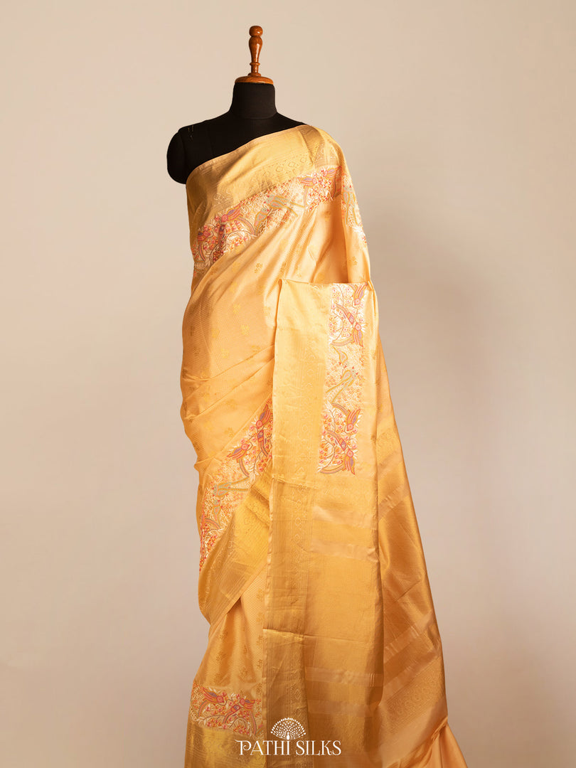 Peach Kanjivaram Silk Saree with Parsi Embroidery