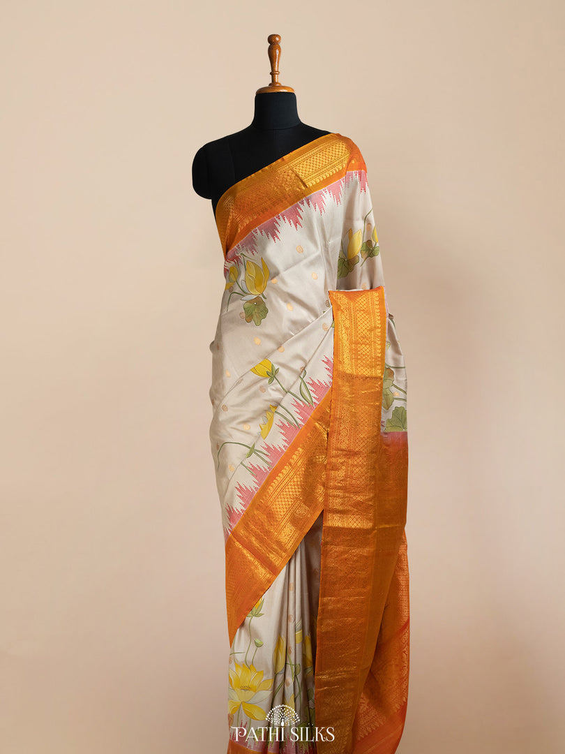 Parrot Green Kalamkari Handpainted Kanjivaram silk saree