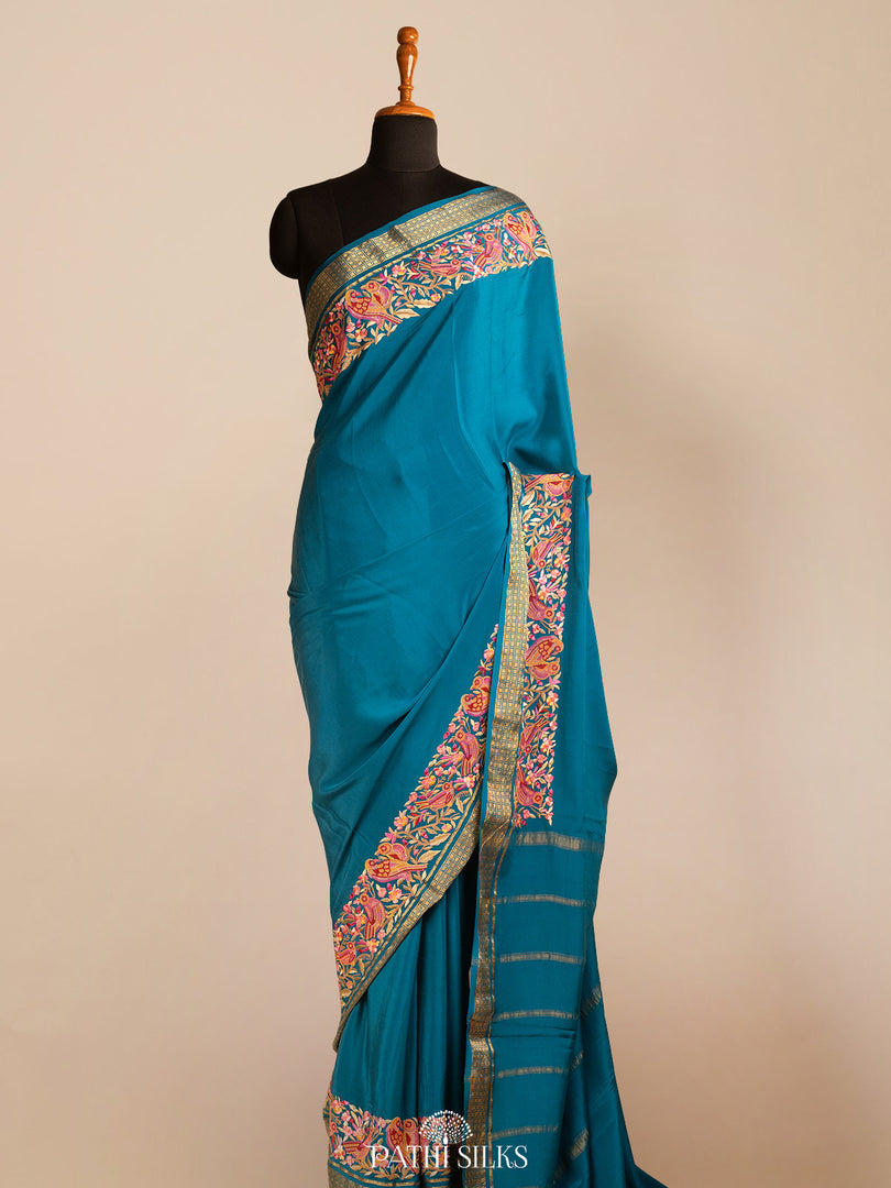 Blue Mysore Crepe Silk Saree with Parsi Embroidery
