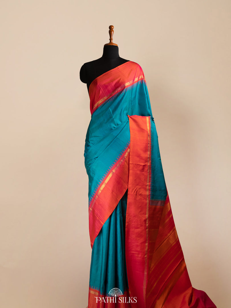 Teal Blue and orange kanjivaram silk saree