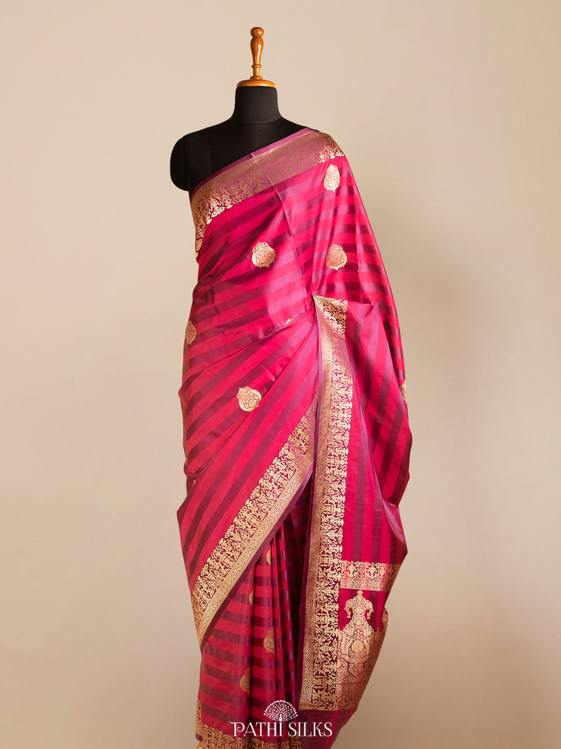 Pink and purple banarasi mushroo satin silk saree