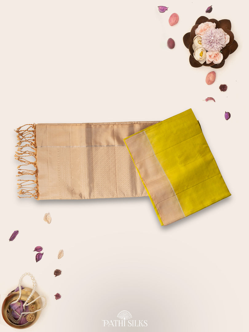 Lime green and beige Soft Silk saree