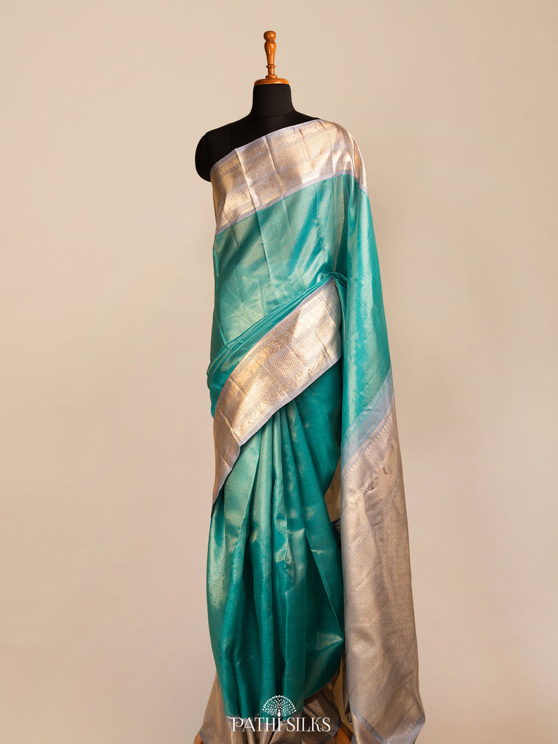 Teal Blue Kora Kanjivaram Silk Saree