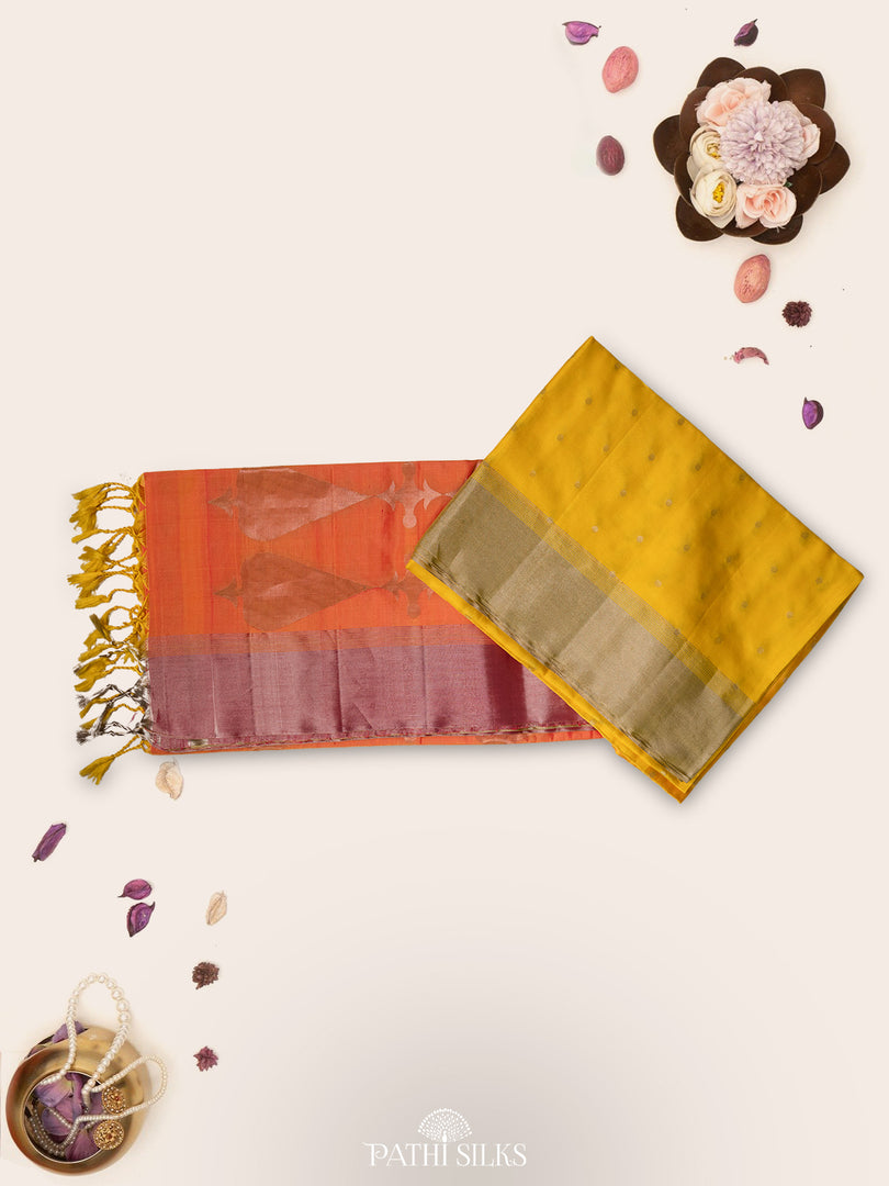 Lime yellow sun rise orange Soft Silk saree