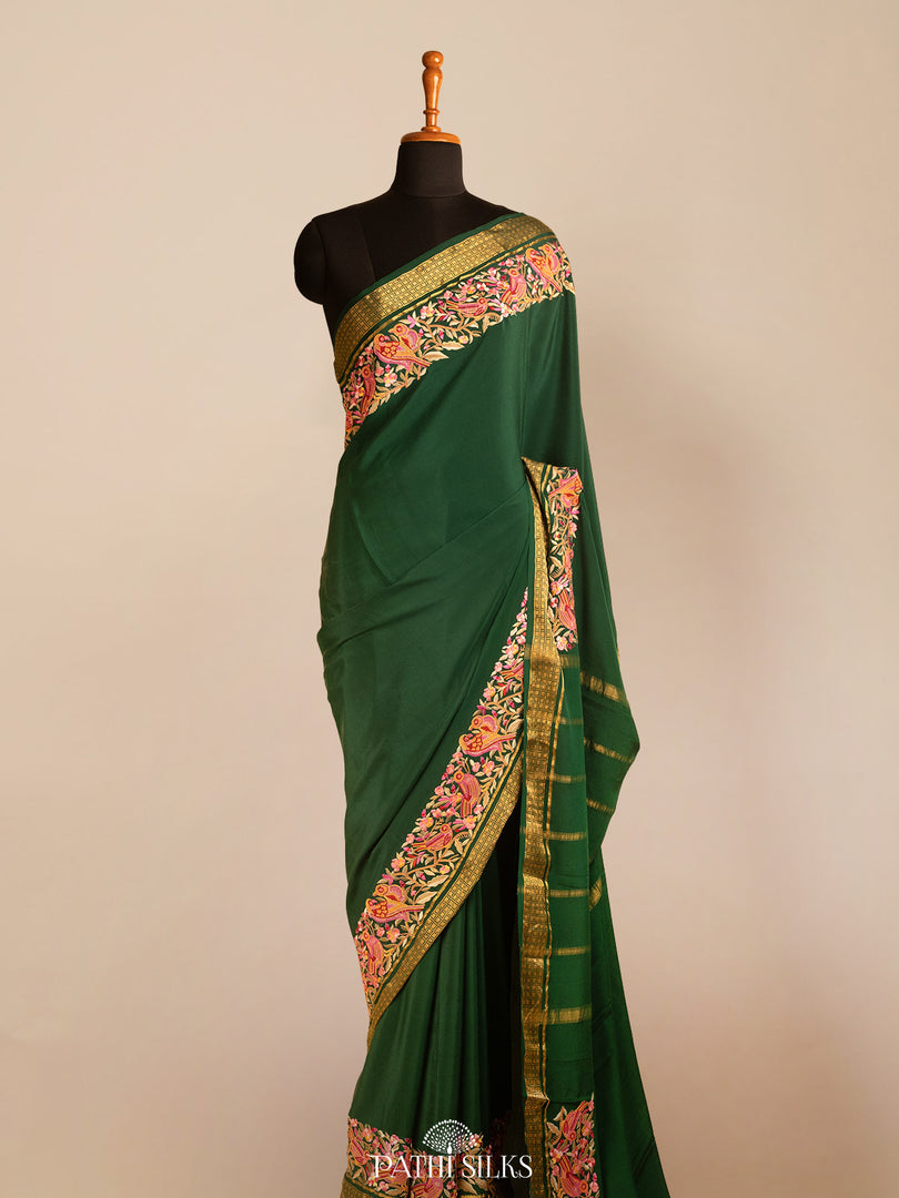 Bottle Green Mysore Crepe Silk Saree with Parsi Embroidery