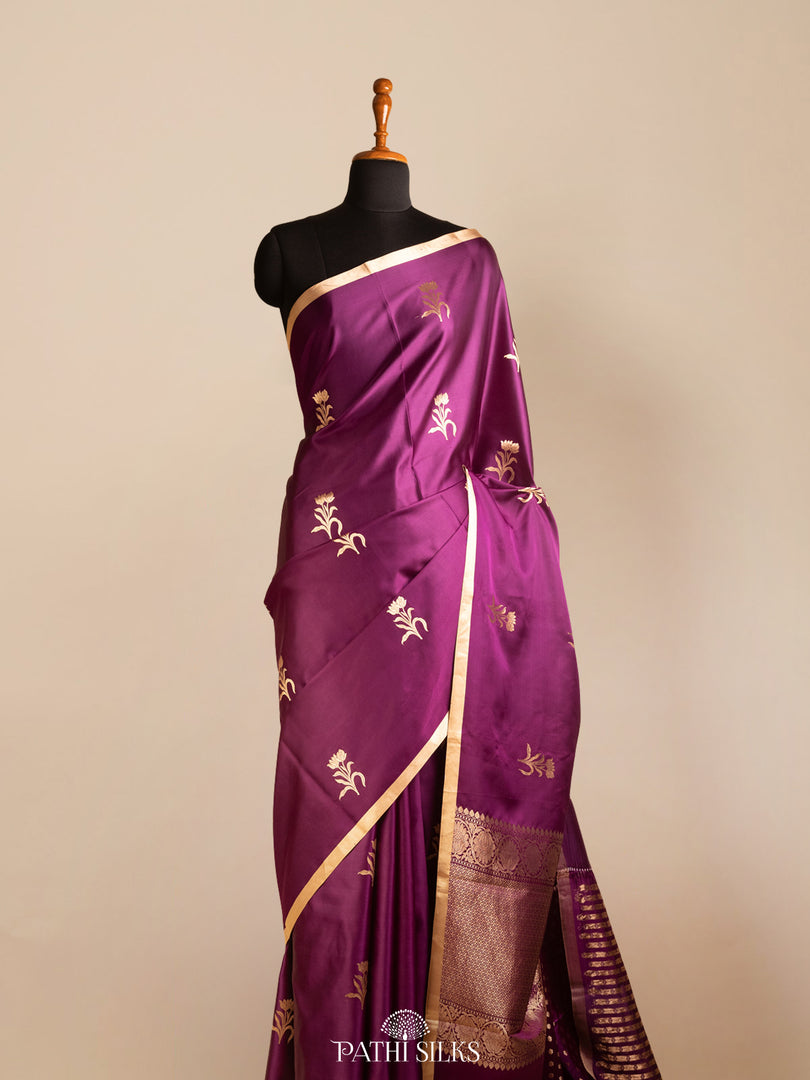 Purple mushroo satin banarasi silk saree