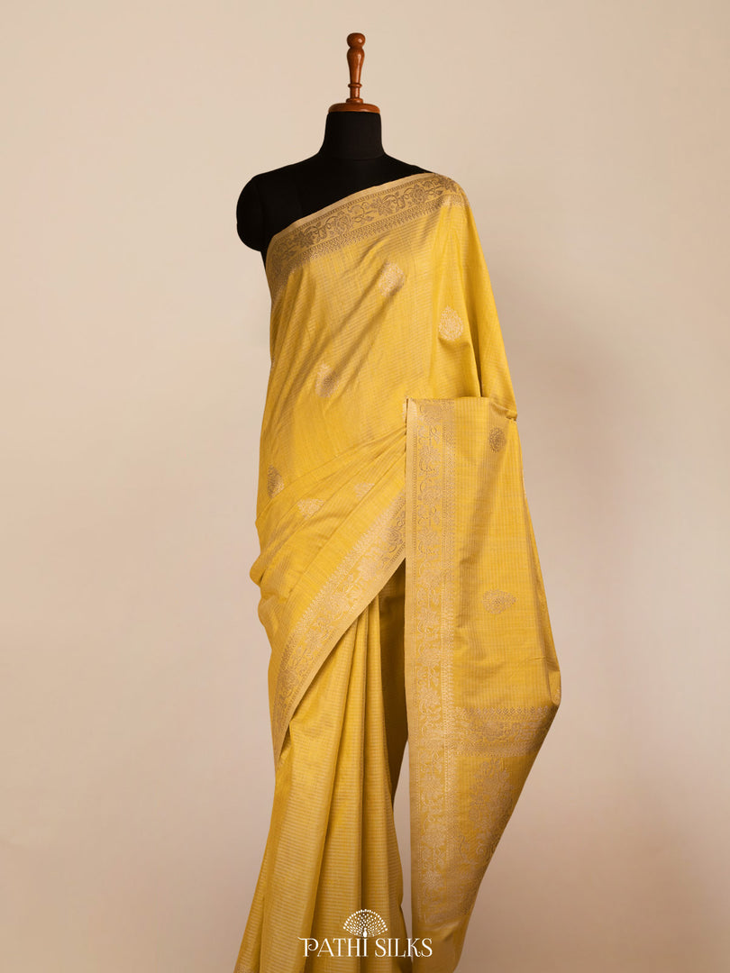 Lemon yellow moonga tussar banaras silk saree