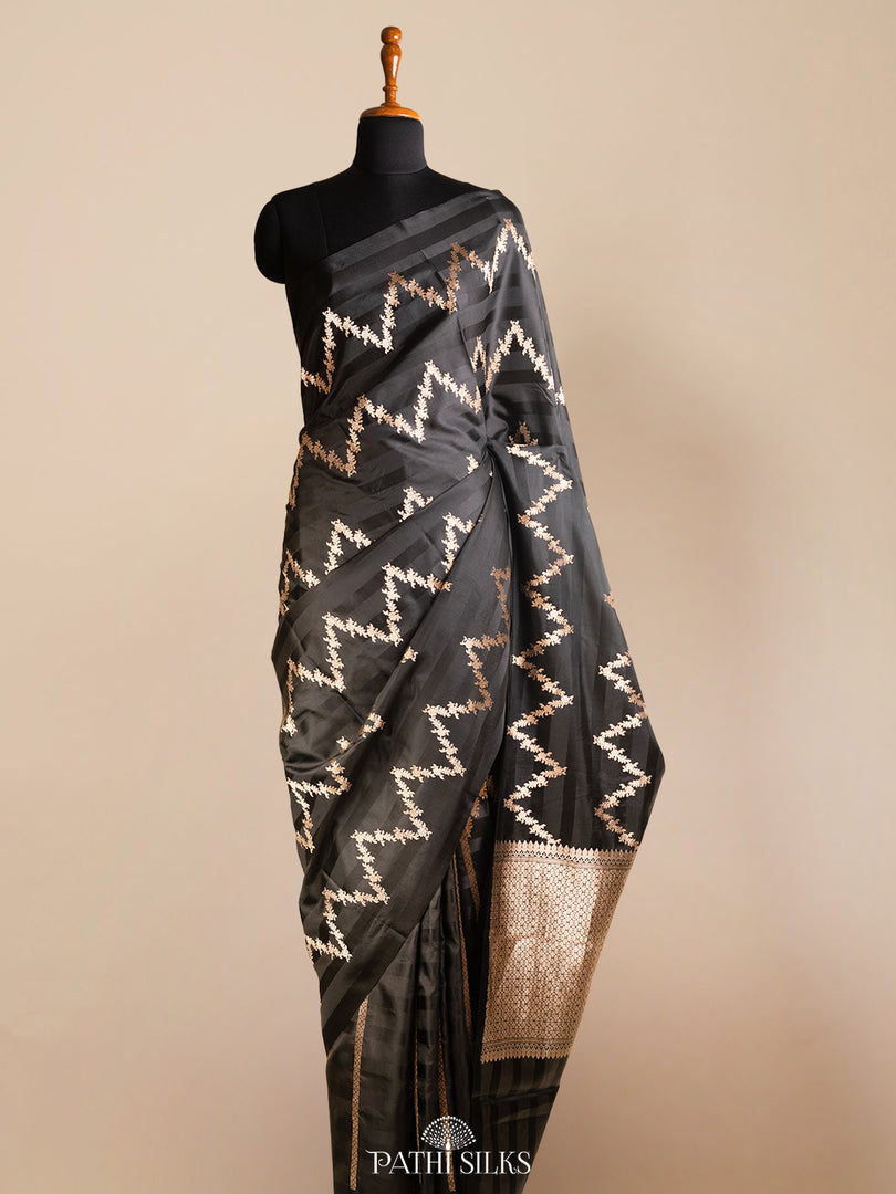 Black banarasi mushroo satin silk saree