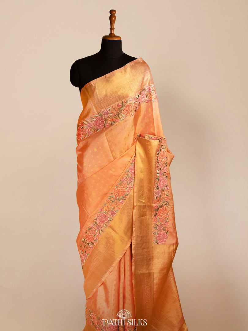 Peach Kanjivaram Silk Saree with Floral Embroidery