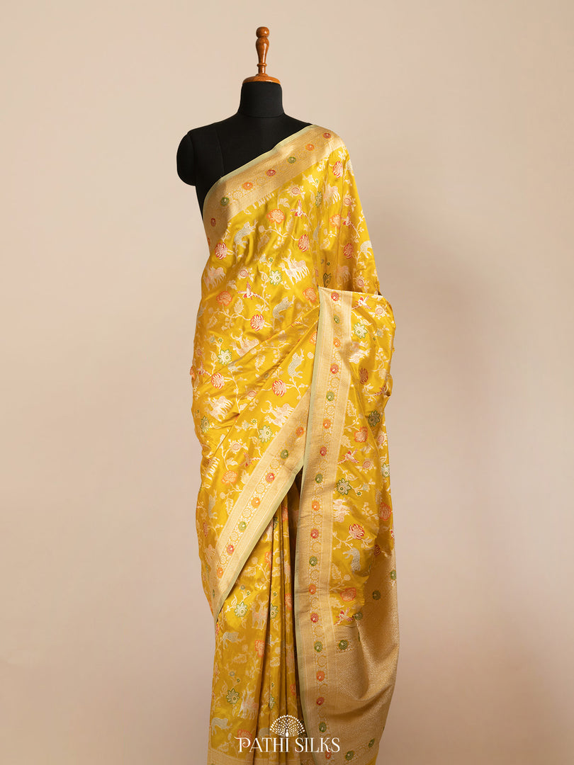 Mustard yellow banarasi silk saree