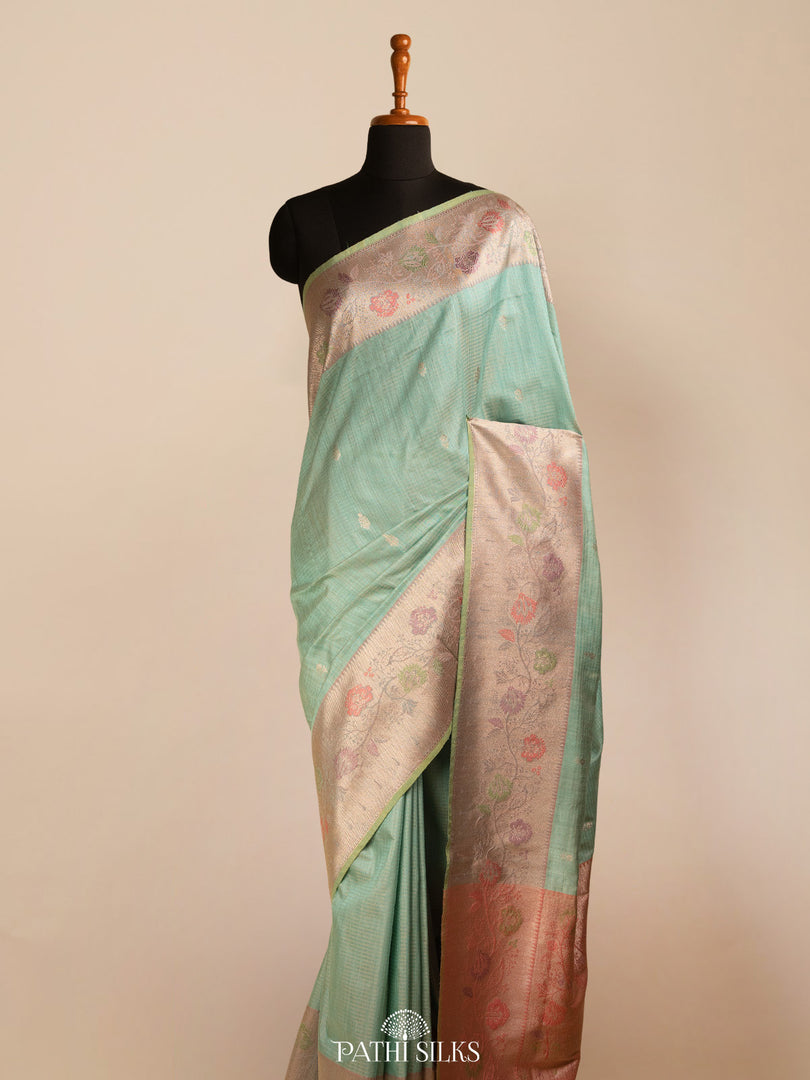 Powder blue moonga tussar banaras silk saree