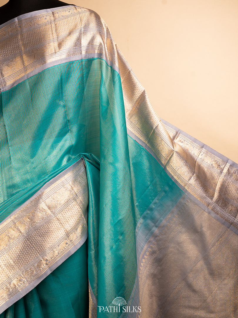Teal Blue Kora Kanjivaram Silk Saree