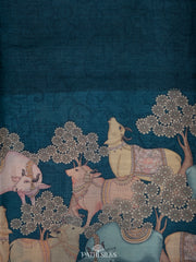 Dark teal blue Handwoven printed tussar