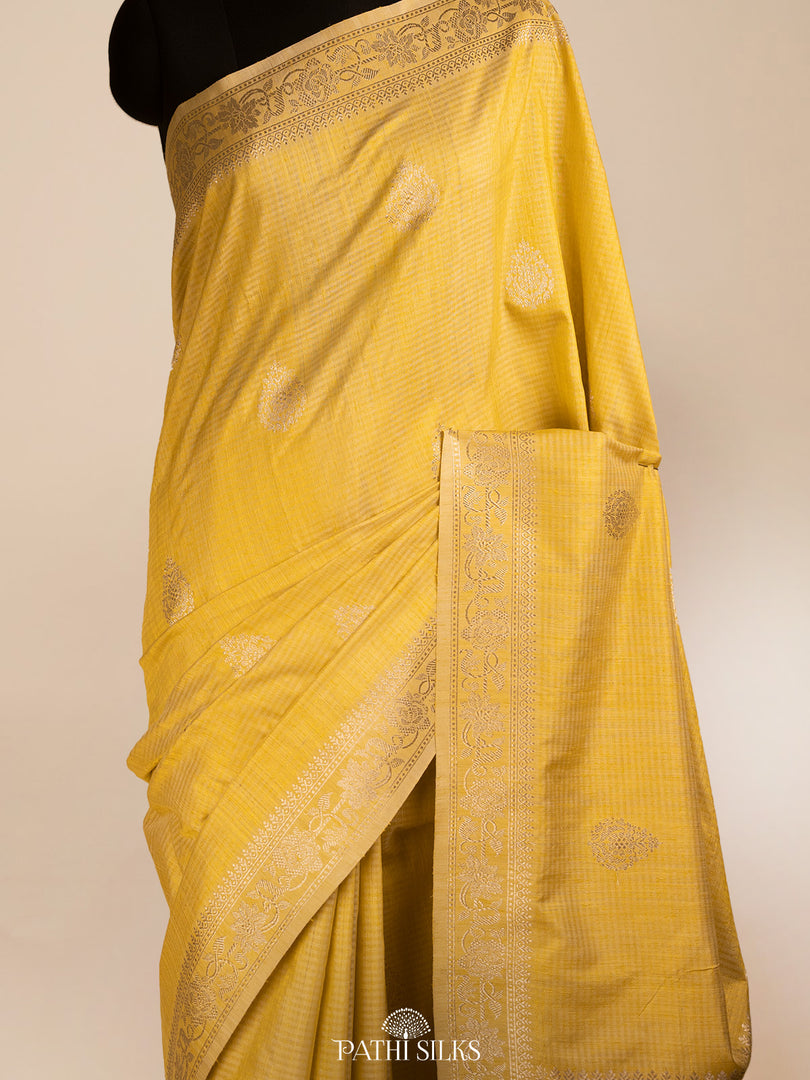 Lemon yellow moonga tussar banaras silk saree