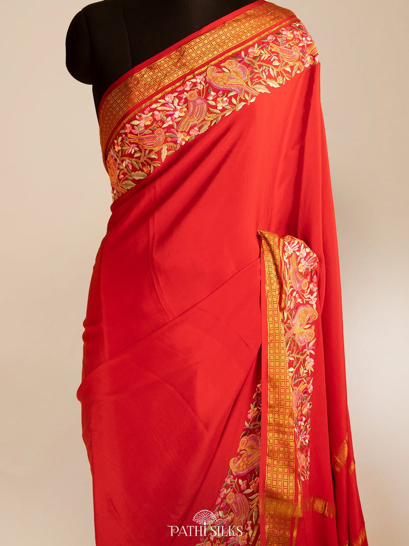 Red Mysore Crepe Silk Saree with Parsi Embroidery