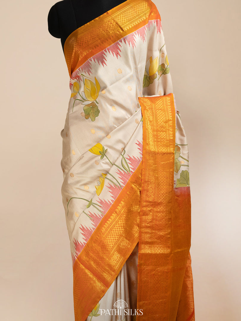 Parrot Green Kalamkari Handpainted Kanjivaram silk saree