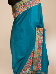 Blue Mysore Crepe Silk Saree with Parsi Embroidery