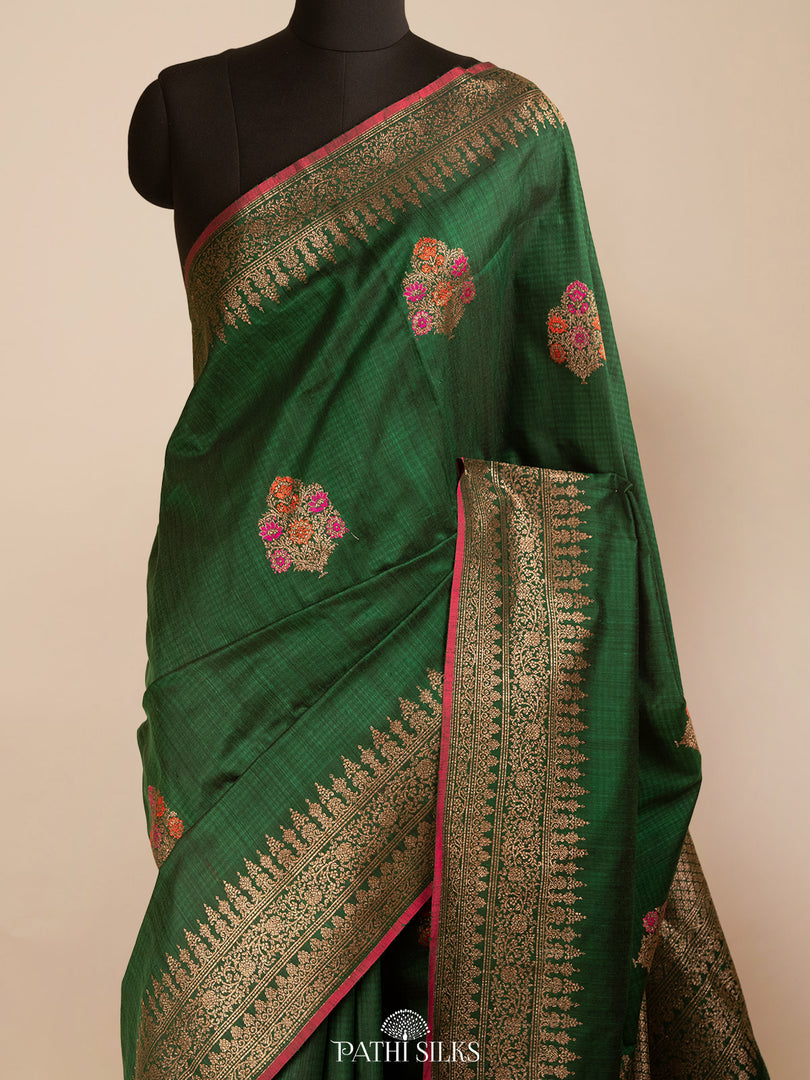 Bottle green moonga tussar banaras silk saree