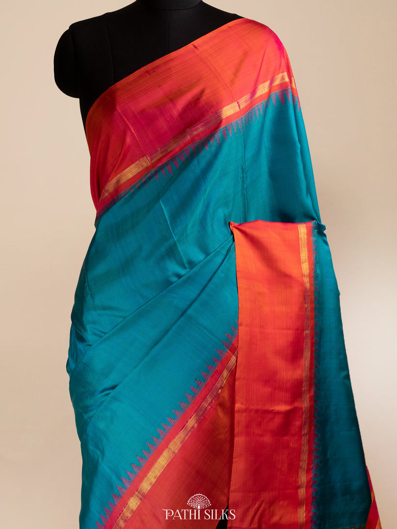 Teal Blue and orange kanjivaram silk saree