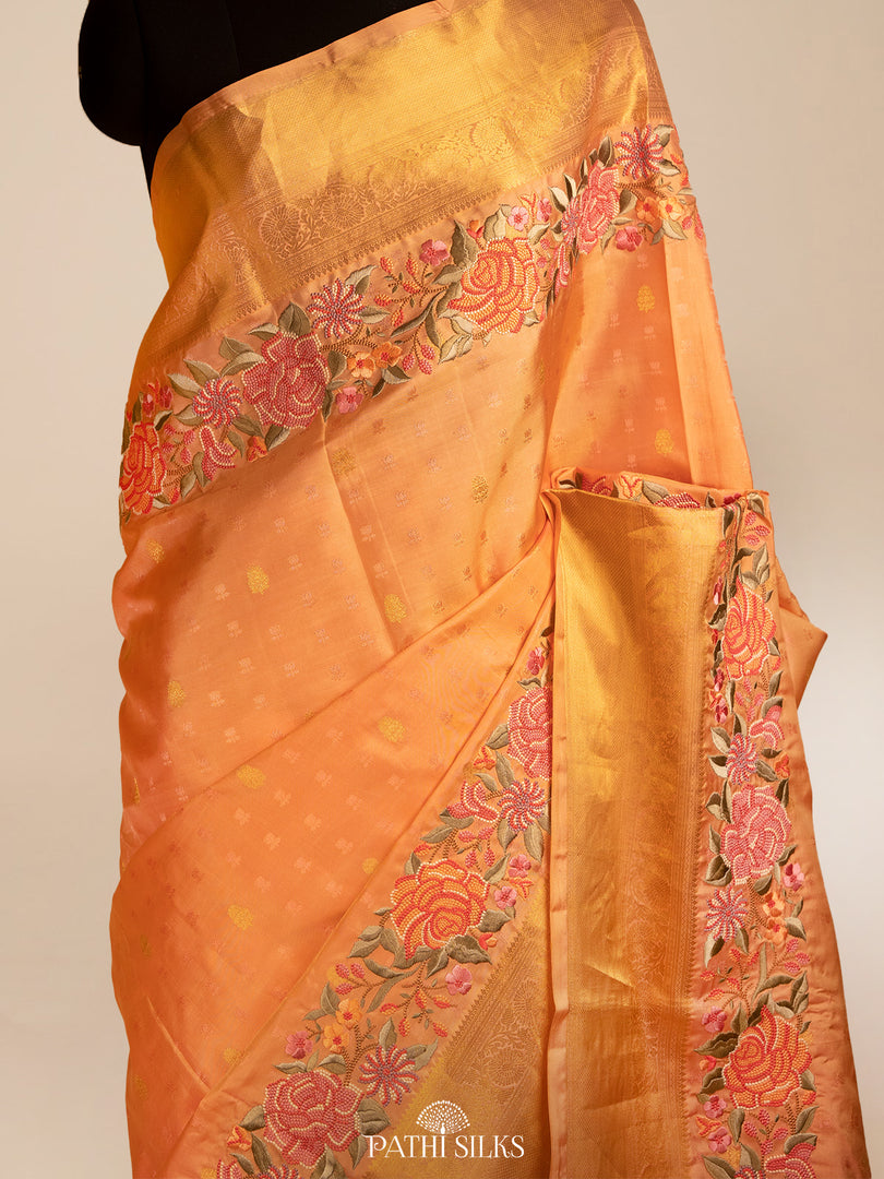 Peach Kanjivaram Silk Saree with Floral Embroidery