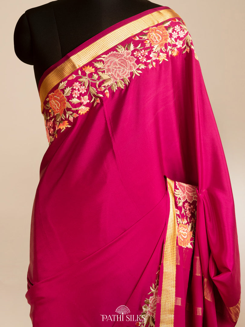 Purple Mysore Crepe Silk Saree with Parsi Embroidery
