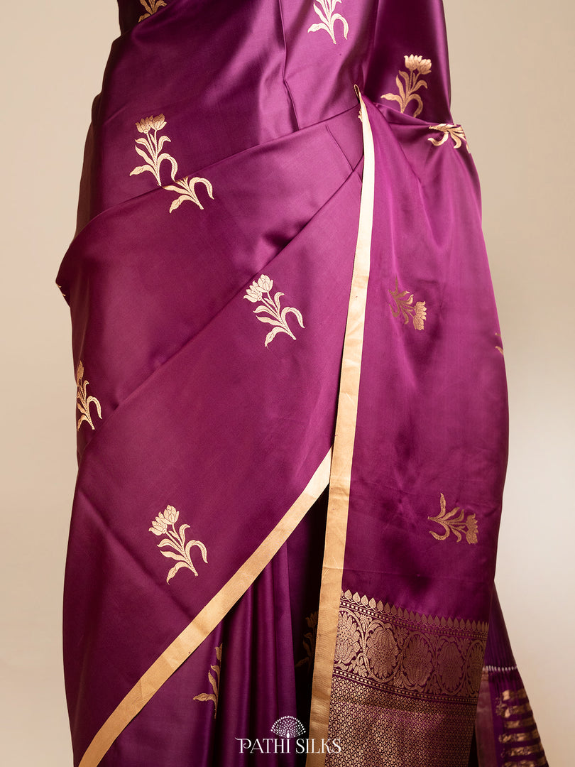 Purple mushroo satin banarasi silk saree