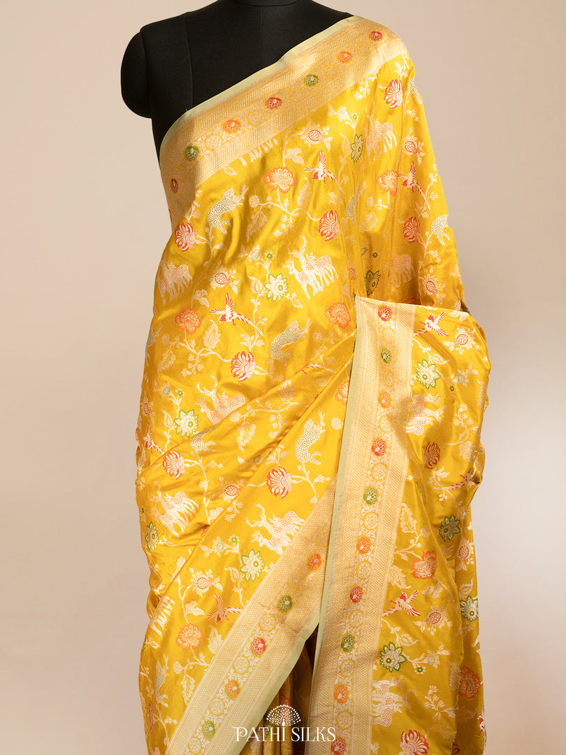 Mustard yellow banarasi silk saree