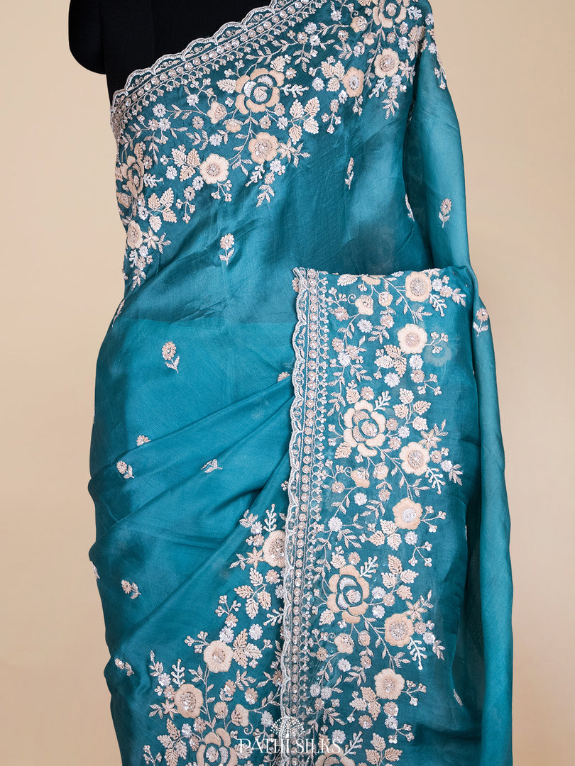 Teal Green organza saree