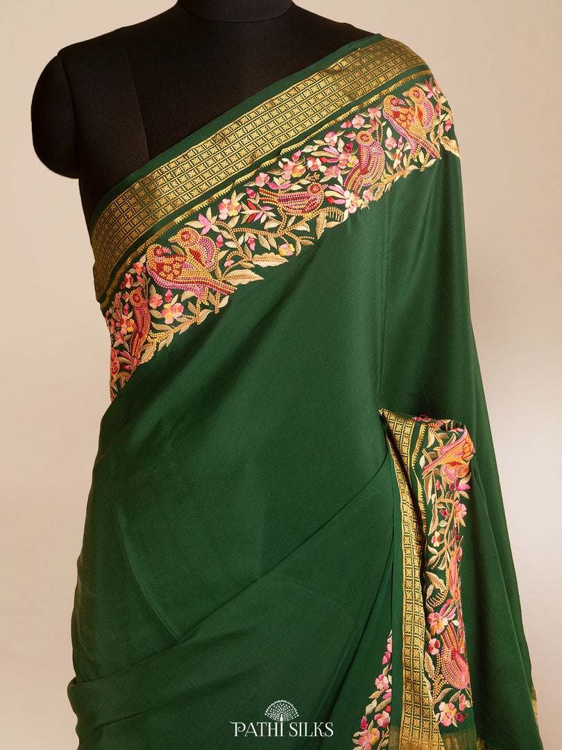 Bottle Green Mysore Crepe Silk Saree with Parsi Embroidery