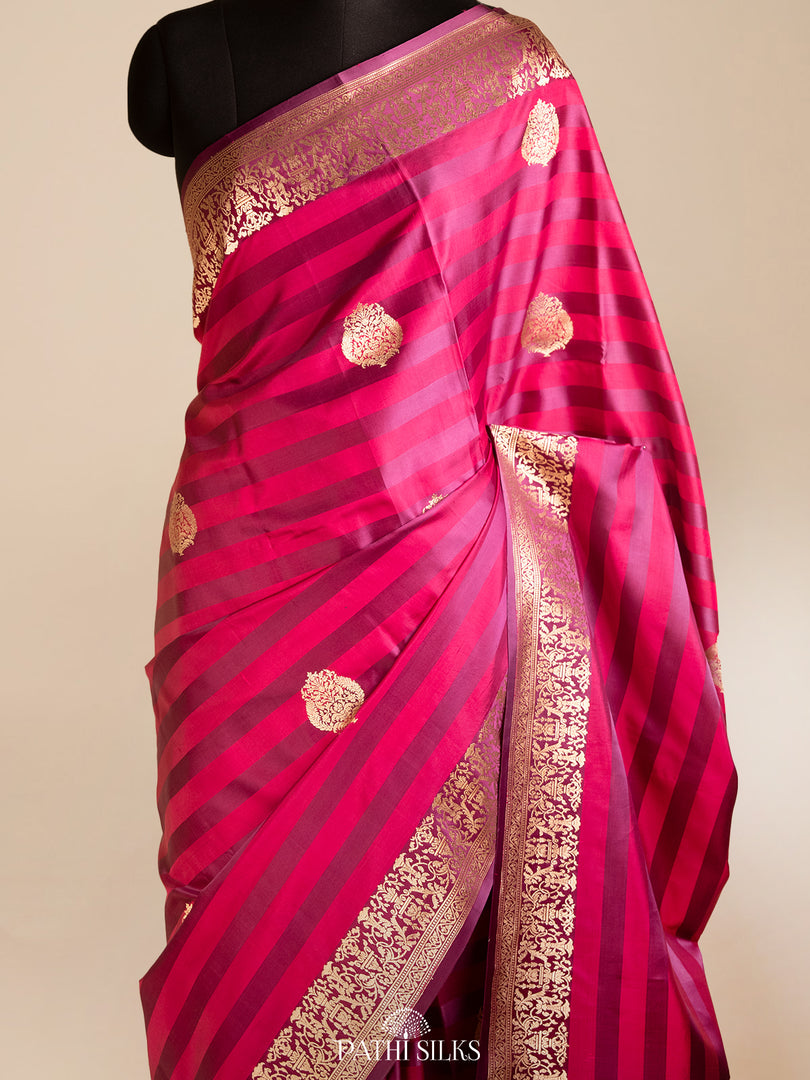 Pink and purple banarasi mushroo satin silk saree
