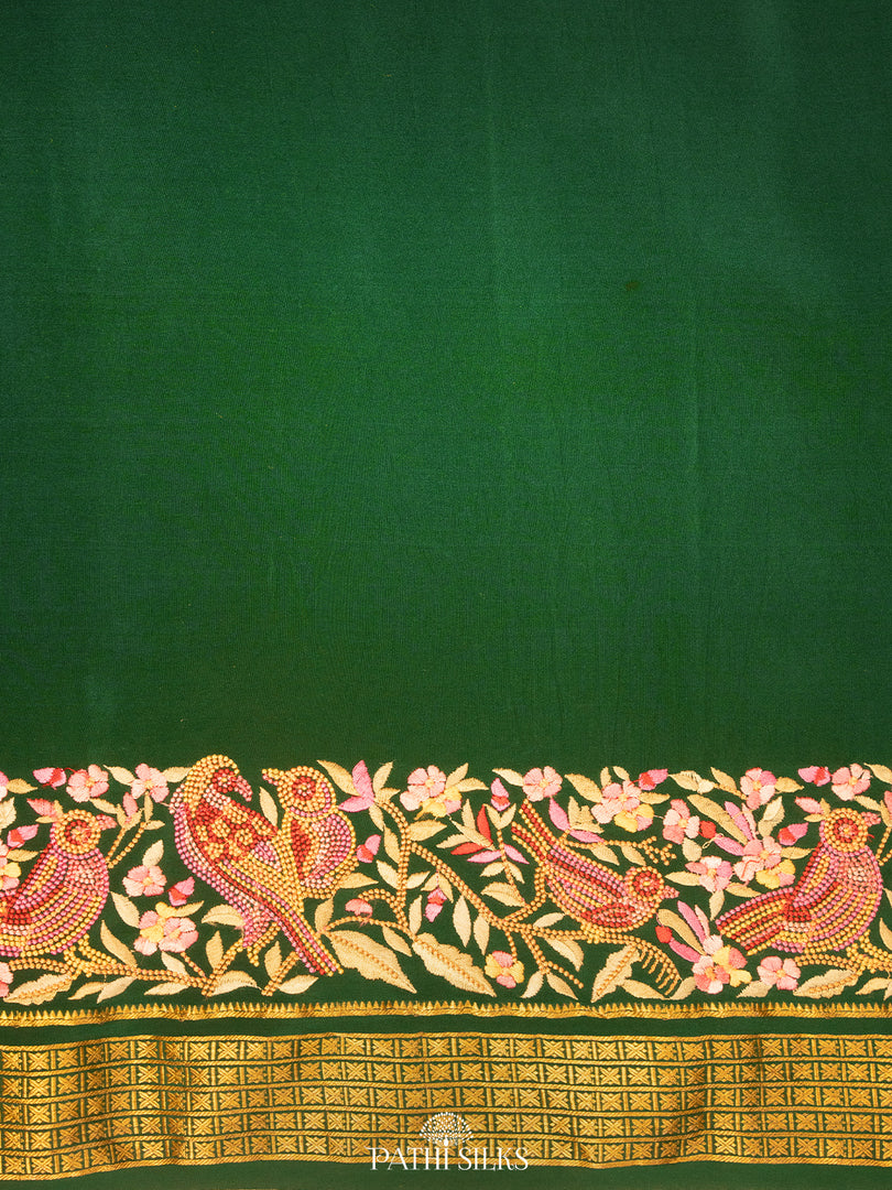 Bottle Green Mysore Crepe Silk Saree with Parsi Embroidery