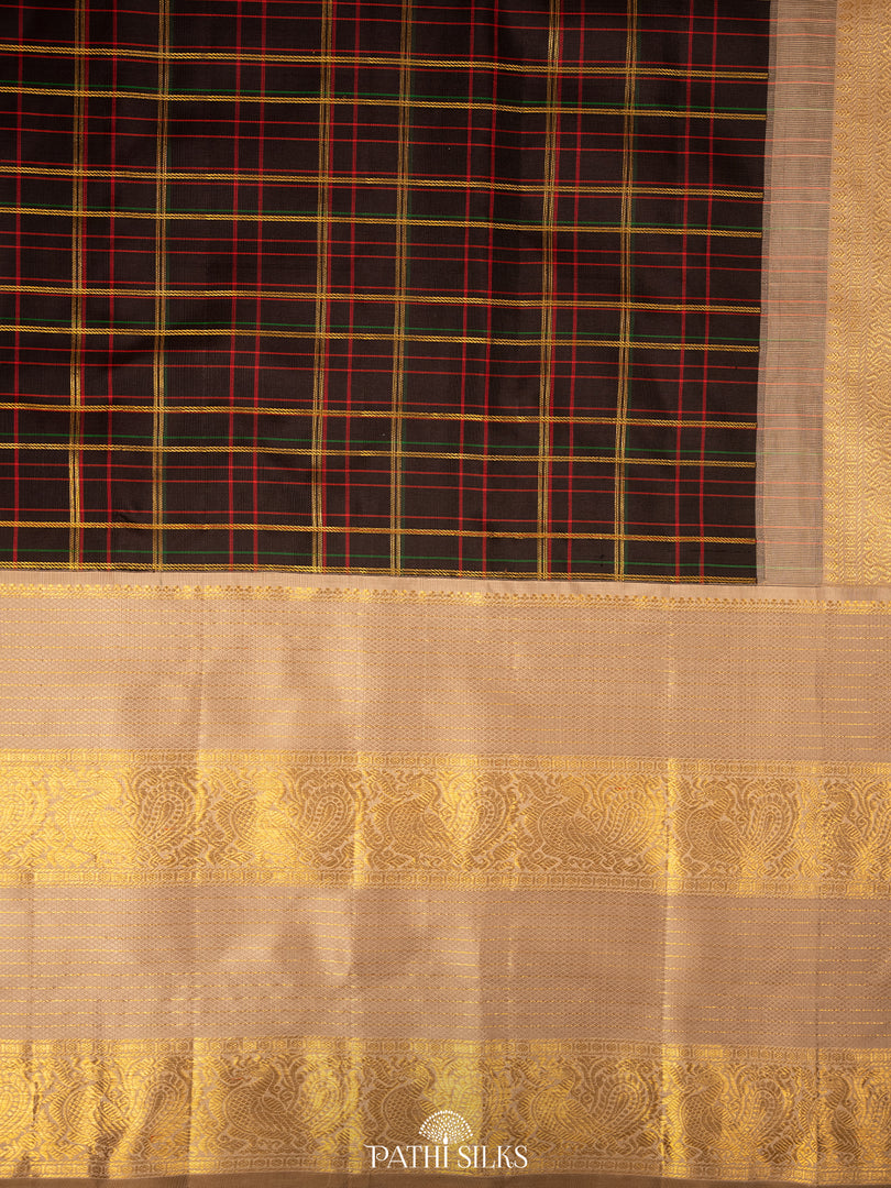 Multicolour checks black Kanjivaram Silk Saree