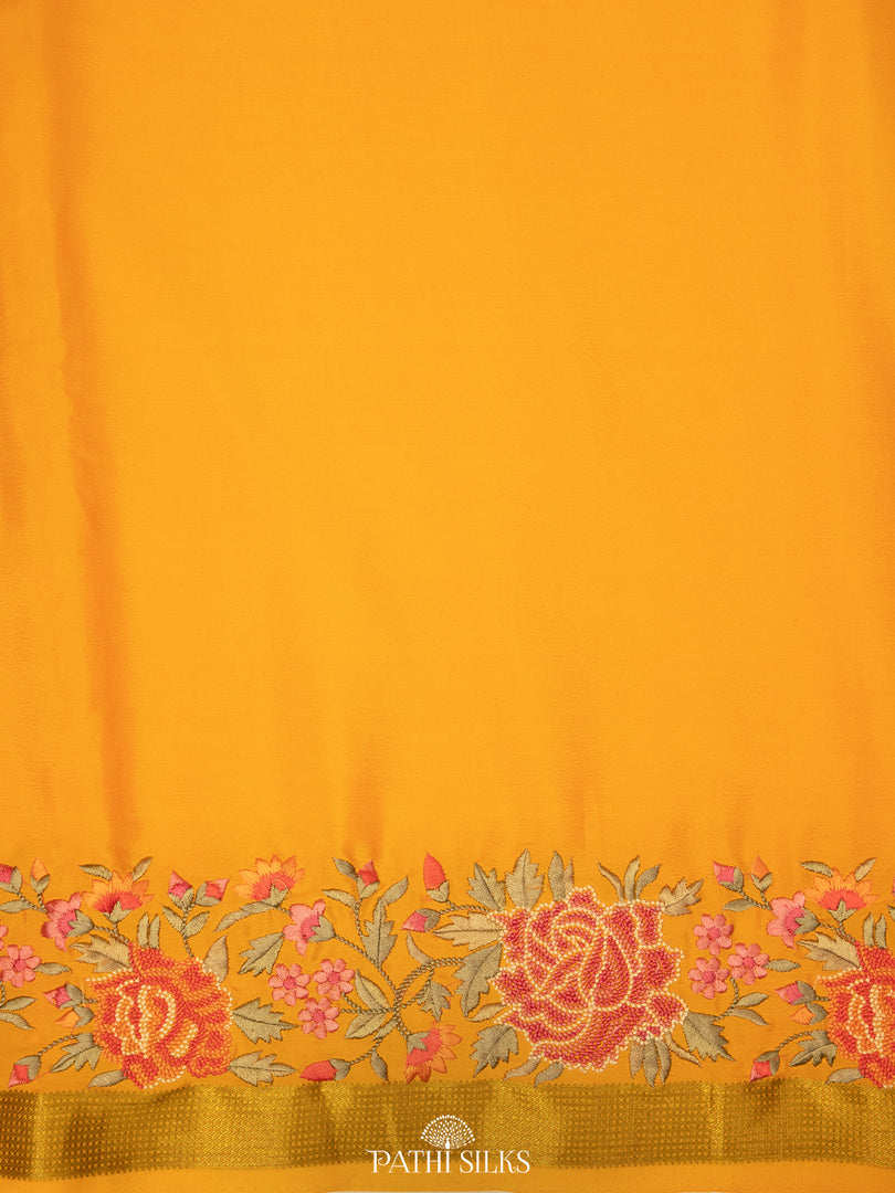 Yellow Mysore Crepe Silk Saree with Parsi Embroidery