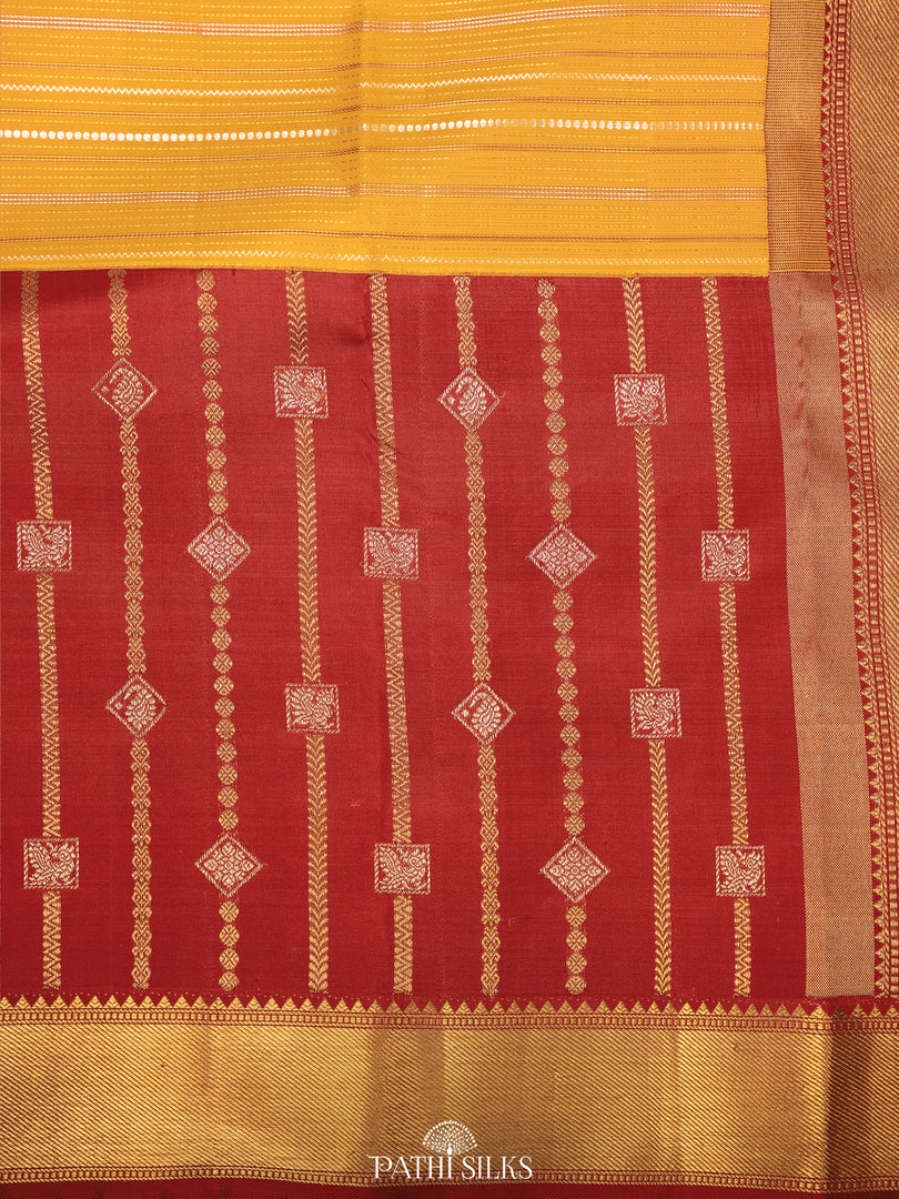 Mustard and red Kanjivaram Silk Saree