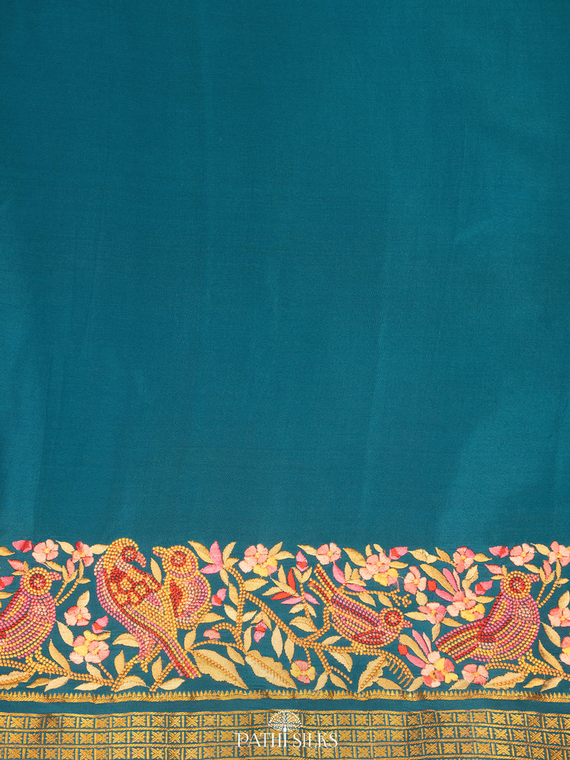 Blue Mysore Crepe Silk Saree with Parsi Embroidery