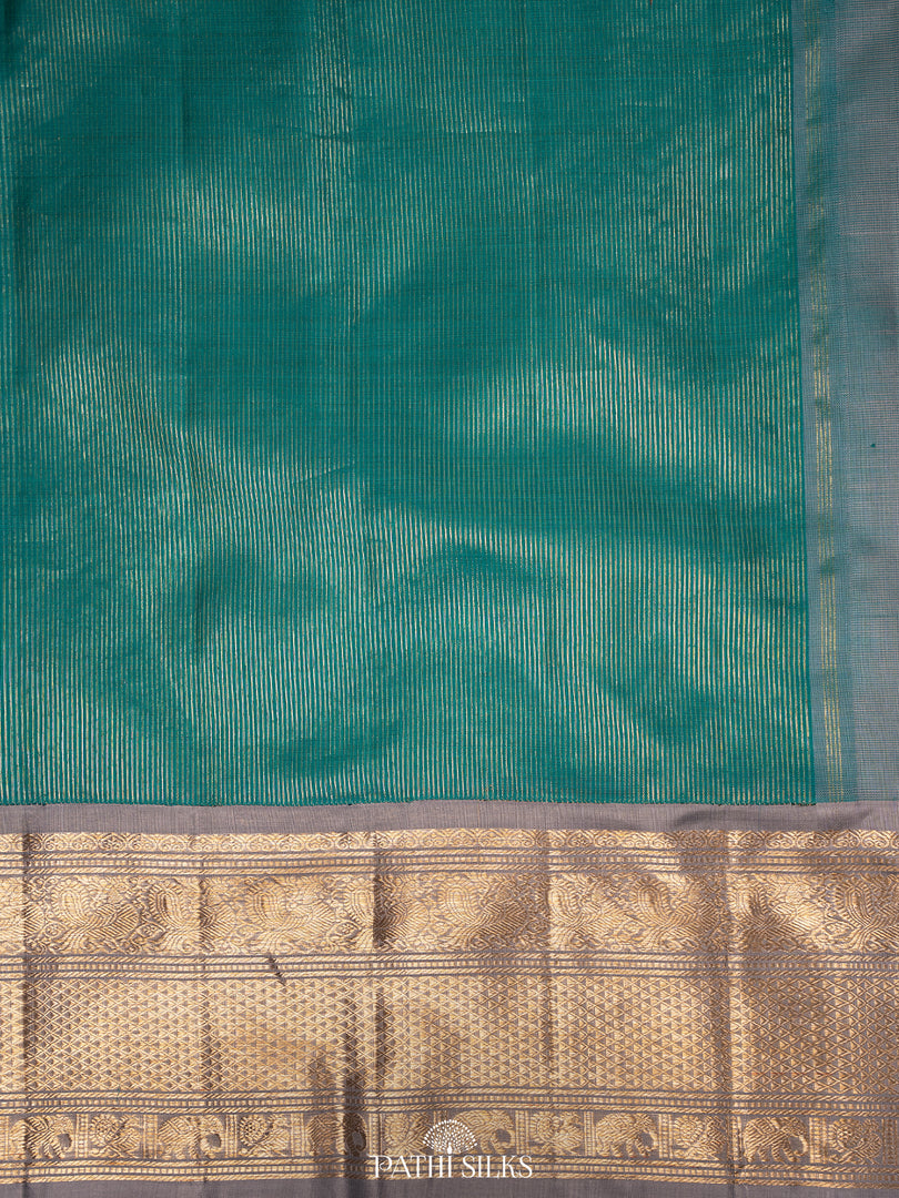 Teal Blue Kora Kanjivaram Silk Saree