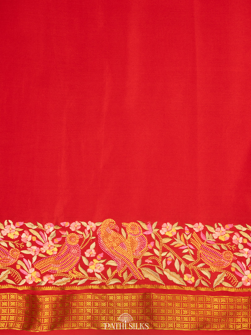 Red Mysore Crepe Silk Saree with Parsi Embroidery