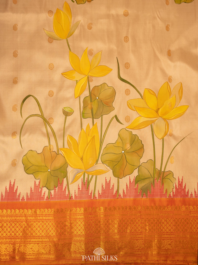 Parrot Green Kalamkari Handpainted Kanjivaram silk saree