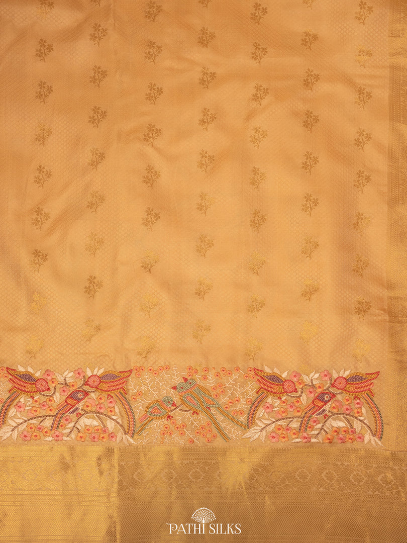 Peach Kanjivaram Silk Saree with Parsi Embroidery