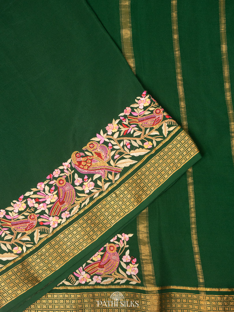 Bottle Green Mysore Crepe Silk Saree with Parsi Embroidery