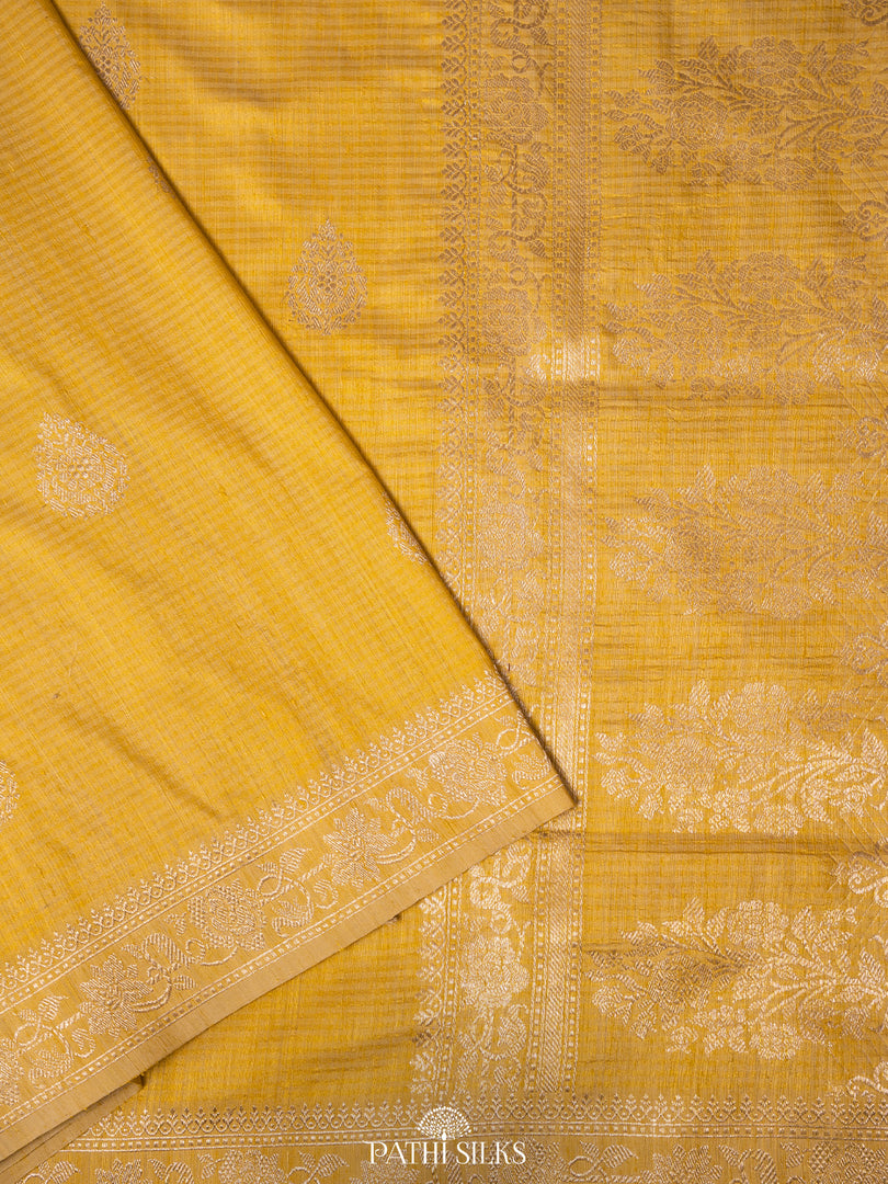 Lemon yellow moonga tussar banaras silk saree