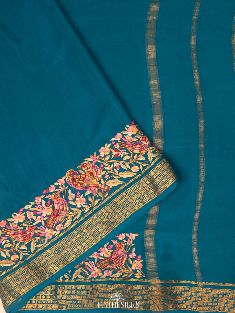 Blue Mysore Crepe Silk Saree with Parsi Embroidery