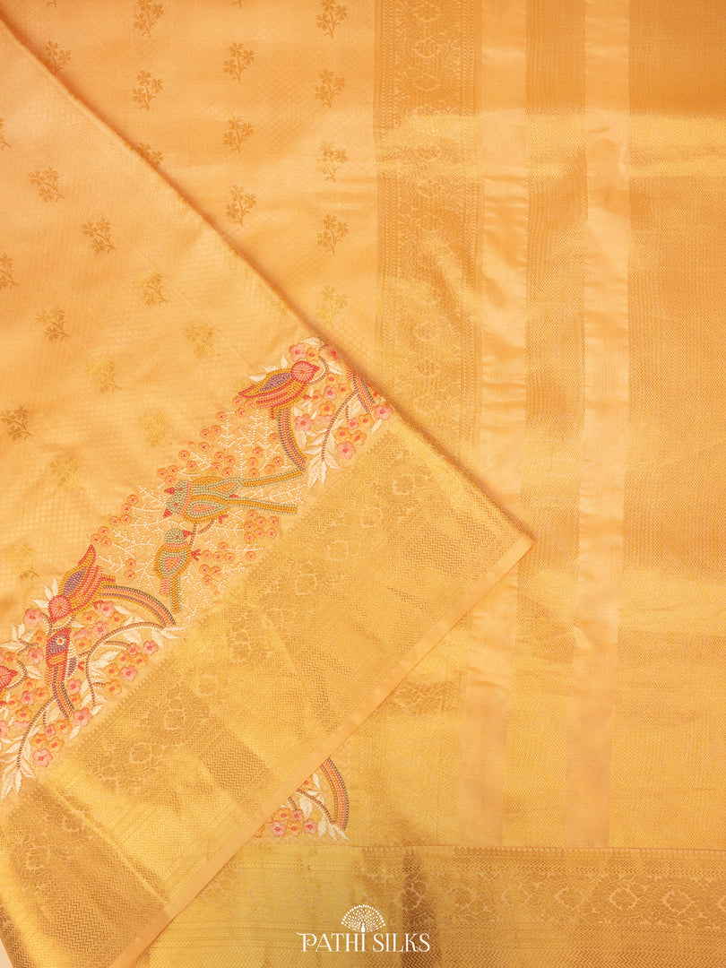 Peach Kanjivaram Silk Saree with Parsi Embroidery