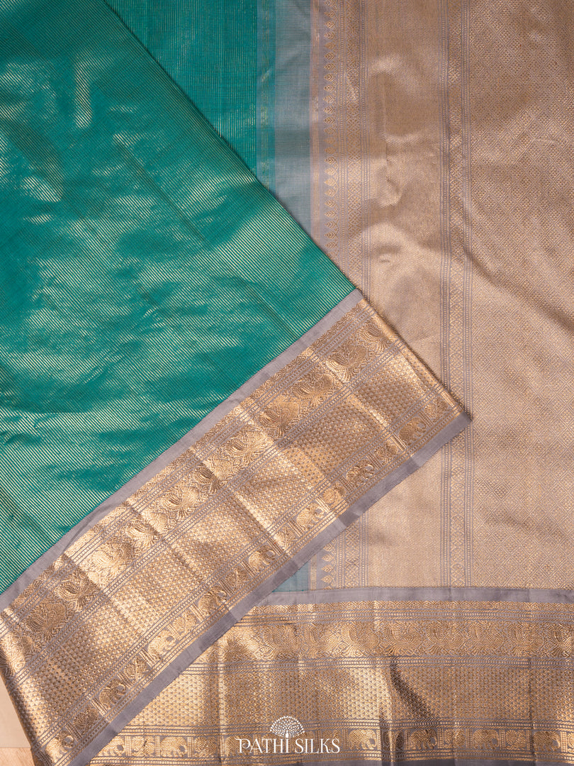 Teal Blue Kora Kanjivaram Silk Saree